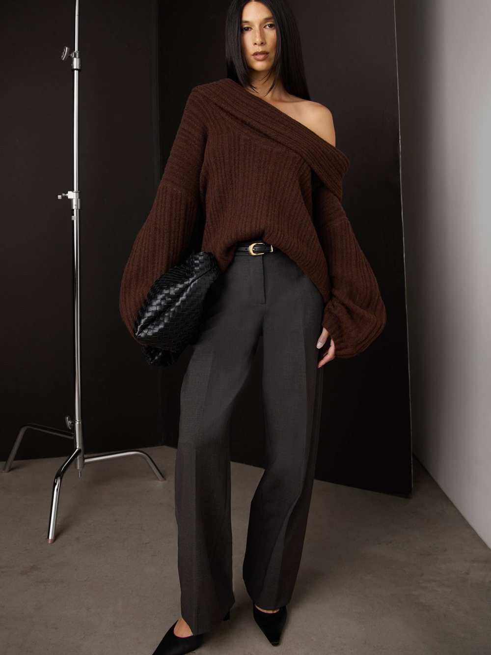 OAK + FORT Oversized Boat Neck Sweater — Dark Charcoal | S/P